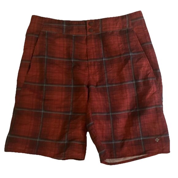 Columbia Swim Trunks Orange Plaid Mens Omni Shade Pockets Drawstring 34 - Picture 1 of 5